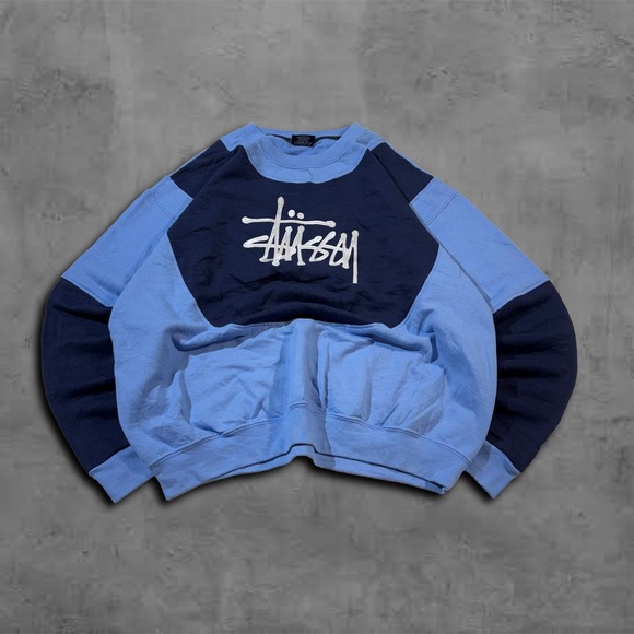 Y2K Baggy Boxy Blue Stussy Streetwear Rework Style Crewneck Sweater
